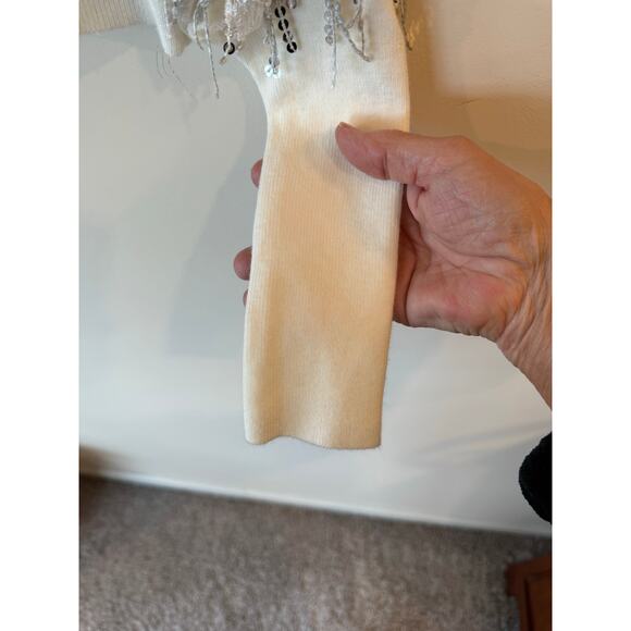 Hyfve Sweater Womens L Ivory Holiday Party Knit Sequin Fringe Sleeve Mock Neck - Picture 3 of 11